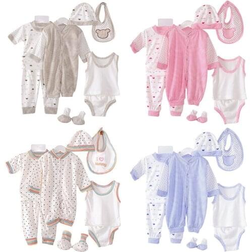 8Pcs Cartoon Newborn Baby Boys Girls T-shirt Tops+Pants Jumpsuit Romper Hat Bibs Socks Outfits Set 4 Colors