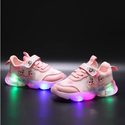 Frozen Mesh Sneakers Kids Shos Summer Autumn Led Children Luminous Shoes Girls Light Baby Sports Shoes Size 21-30