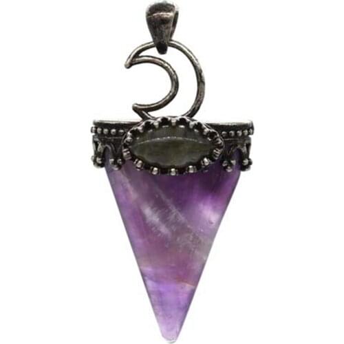 Trendy-beads Antique Silver Plated Moon Geometric Shape Natural Purple Amethysts Pendant Labradorite Stone Jewelry