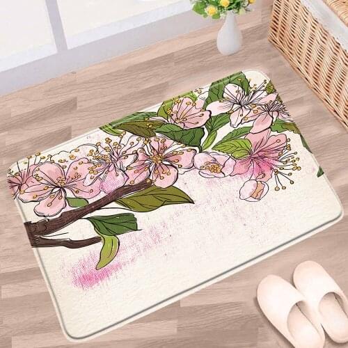 Pink Flowers Cherry Blossom Bathroom Mat Peach Floral Plant Green Leaf Non-Slip Rug Flannel Home Decor Kitchen Entrance Carpets