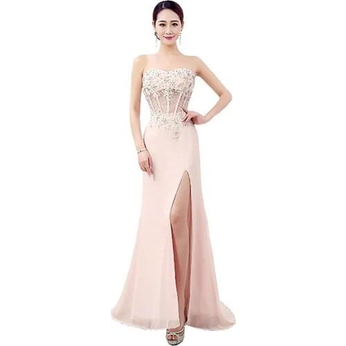 Pink Evening Dresses A-line Sweetheart Chiffon Appliques Beaded Slit Long Dubai Saudi Arabic Evening Gown Prom Dresses