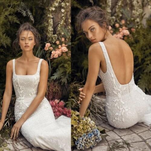 2020 Wedding Dresses Square Neck Lace Appliques Bridal Gowns Backless Sweep Train Mermaid Wedding Dress Vestidos De Novia