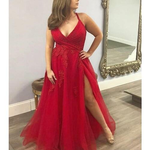 VKBRIDAL Sexy Long Red V-Neck Tulle Prom Dresses with Slit Lace Criss-cross Formal Evening Homecoming Party Gowns