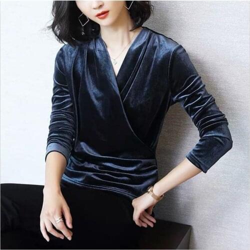 Autumn New Fashion Women Velvet T-Shirts V-Neck Solid Basic Velour Tees Tops Winter Woman Slim Elegant T Shirt Plus Size M-8XL