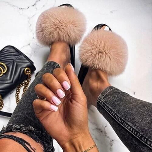 Womens Fur Slippers Real Fox Raccoon Fur Flip Flops Good Quality Plus Fur Flat Sandals Shoes