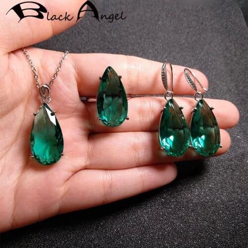 BLACK ANGEL 925 Silver Jewelry Sets For Women Inlaid Emerald Blue Gemstone CZ Necklace Ring Earrings Big Water Drop Pendant Gift