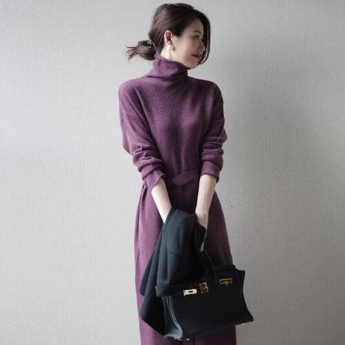 High-Necked Knit Dress Female Winter New Mid-Long Violet Lace-up Waist Bottoming Knitted Dress Women Long Sleeve Sweater Skirt