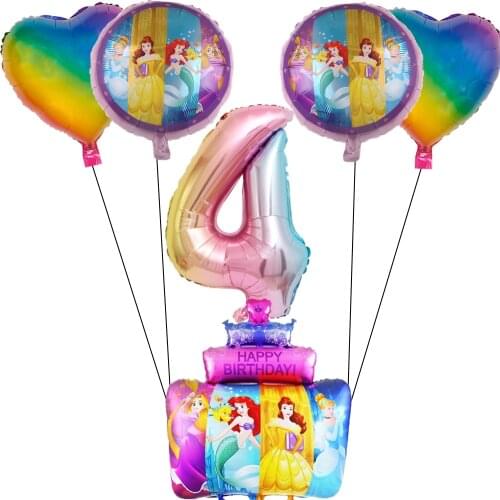 1set Disney Princess Cake Mermaid Cinderella Foil Balloons Birthday Party Decorations 32inch Rainbow Number Helium Balls Kid Toy