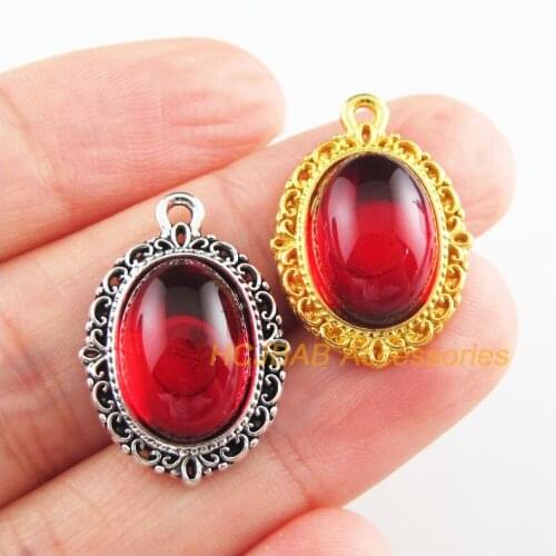 10 New Oval Charms Red Glaze Flower Pendants Tibetan Silver Tone & Gold Color 16x23mm