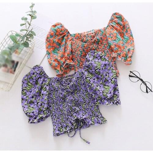 New Women Floral Print Blouses Summer Sweet Short Sleeve Ladies Slash Neck Shirt 2020 Female Tops