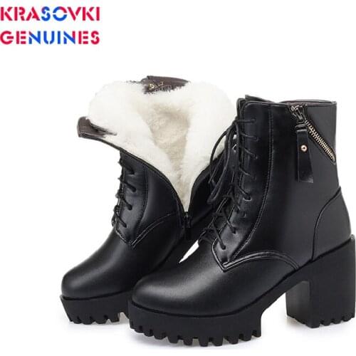 Krasovki Genuines Wool Women Winter Boots High Heel Genuine Leather Fur Warm Plush Ankle Boots Platform for Women Snow Boots