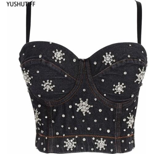 Denim Rhinestone 2021 Spring Bralette Sexy Top Female Crop Top Women Harajuku Camis Tops With Built In Bra Push Up Breasts