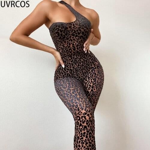 UVRCOS Clothes Vendors Sexy Outfits For Woman 2021 Fashion Mesh Leopard Print One Shoulder Backless Slim Jumpsuit Hot Streetwear
