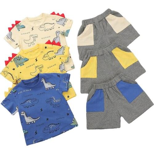Summer Cotton Kids Baby Boys Short Sleeve Dinosaur Print T-shirt Pocket Shorts Outfits Casual Loose Children Clothes Sets 0-5Y