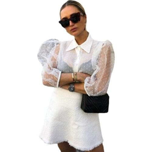 Hot Women Mesh Sheer Blouse See-through Long Sleeve Top Shirt Blouse Fashion Pearl Button Transparent White Shirt Female Blusas