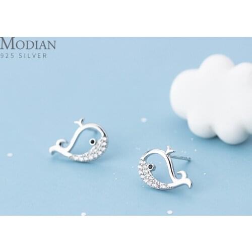 Modian Marine Life Clear CZ Lovely Small Whale Stud Earrings for Women 925 Sterling Silver Fashion Animal Ear Pin Fine Jewelry