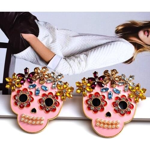 Fashion Enamel Colorful Rhinestone Statement Earrings Women Bohemian Skull Earring Engagement Party Charm Jewelry