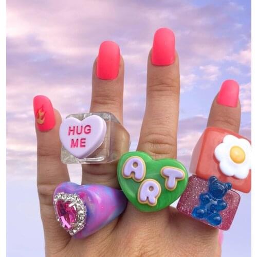 Fashion Harajuku Style Colorful Acrylic Heart Cube Geometric Rings Cute Small Bear Letter Finger Rings For Women Girls Jewelry