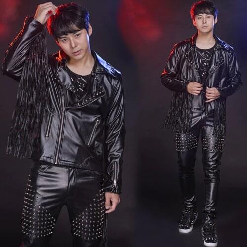 Mens Fringe Leather Coat+Pant Performance Clothing Male Drum Punk Rock Wear GoGo Dance Costume Bar DJ Jazz Dance Costume BL2198