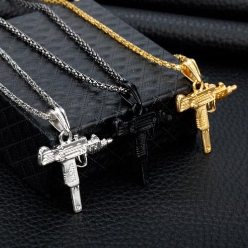 UZI GUN Shape Pendant Necklace For Men Hip Hop Jewelry Gold/Black/Silver Color Metal Army Style Male Chain Necklaces