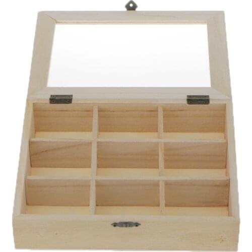Unfinished Plain Wooden Jewlry Box 9 Grids Glass Lid for Arts Crafts Home Décor