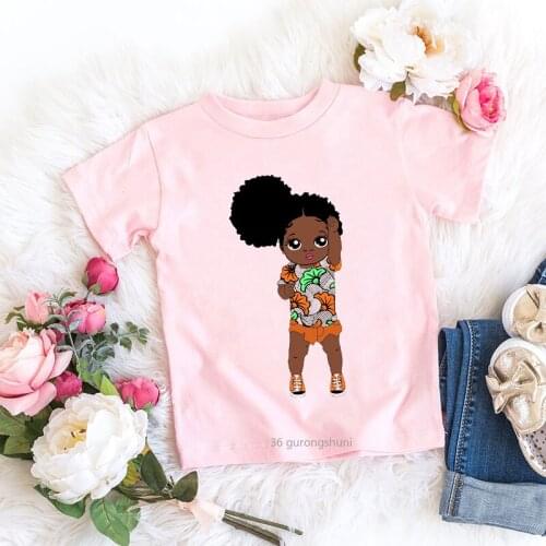 Newest Black Girls T-shirt Hip Hop Harajuku Melanin Little Girl Graphic Cute Funny Vogue Kid Summer Tops Black Girls Pink Tshirt