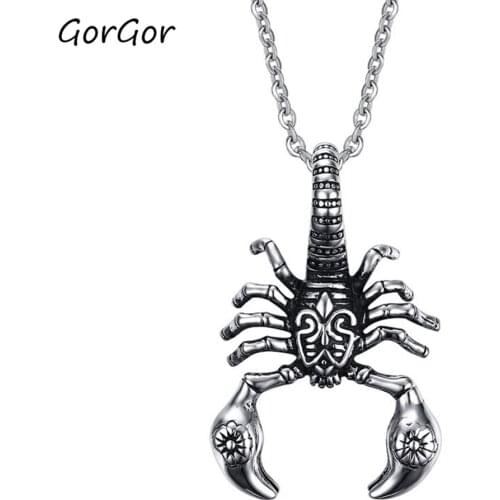 GorGor New Arrivals Sliver Titanium Steel Scorpion Animal Pendant Necklace for Simple Men Long Chain Jewelry Gift PN-513