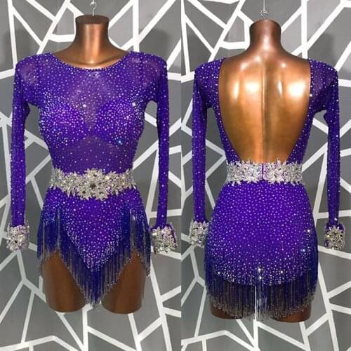 Violet full rhinestone Latin dance dress beaded tassel stage latin dance competition dresses ChaCha tango rumba dance costume