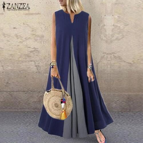 Summer Dress ZANZEA Women Sleeveless Pacthwork Long Sundress Kaftan Vintage Cotton Linen Vestido Robe Femme Dresses