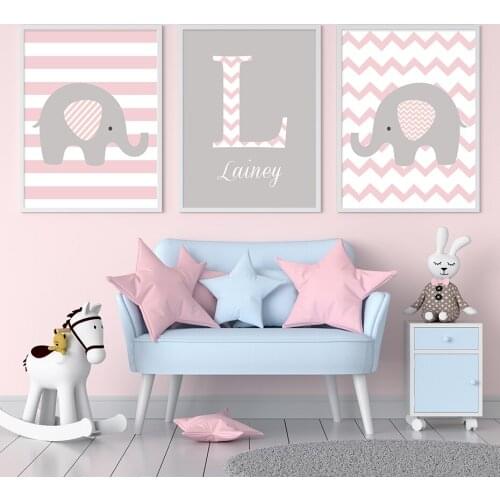 Posters Personalized Babys Name Custom Girl Pink Elephant Nursery Wall Art Canvas Painting Decoration Pictures For Kid Bedroom