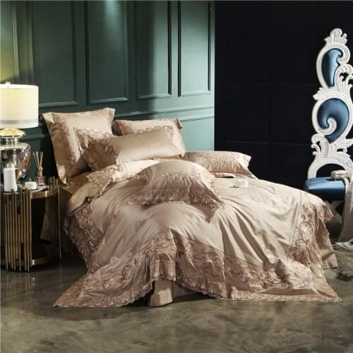 Luxury 100S Pima Cotton Pink Lace Embroidery Bedding Set Queen King Size Duvet Cover Bed Linen Bed sheet Pillowcases 4pcs