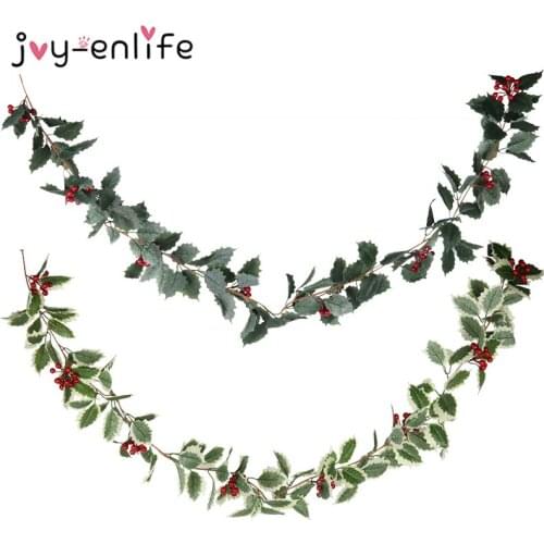 Christmas Holly Leaf Vine Christmas Red Berry Garland Artificial Foliage Christmas Decoration For Home Xmas Indoor Outdoor Decor