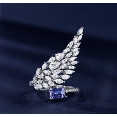 QTT Vintage Feather Ladies Ring Luxury Silver 925 Asymmetric Long Hanging Earrings With Blue Rectangle Zircon Jewelry Sets 2021