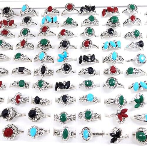 24pcs/Lot Womens Rings Vintage Jewelry Rhinestone Bohemian Antique Silver Plated Party Ring Wholesale Mix Styles Gifts
