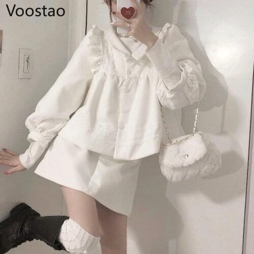 Autumn Winter Sweet Lolita Style Princess Woolen Skirt Sets Girls Cute Lace Ruffles Tops High Waist Skirts Spring Women 2PC Set