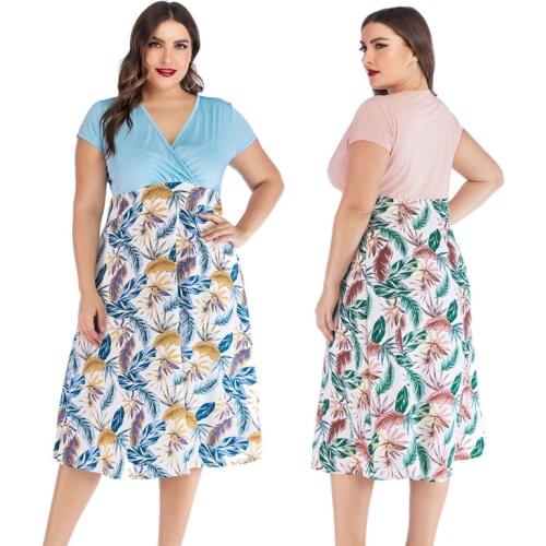 2020 Summer New Short Sleeve Solid Top Patchwork Print Dresses Casual V-Neck Loose Ladies Sundress Plus Size Women Dress Vestido