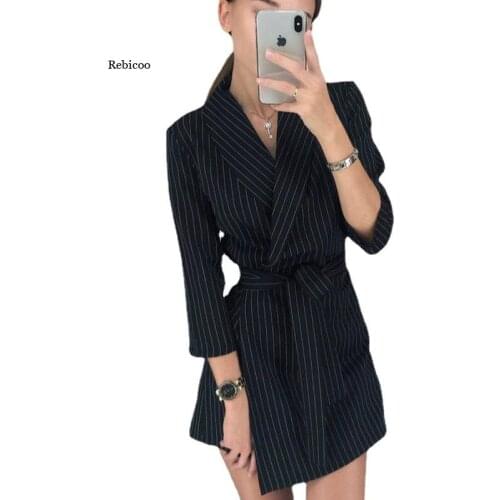 Spring Summer Women Dress Three-Quarter Sleeves Solid Color Suit Collar Fashion Belt Temperament Striped Women Dress New
