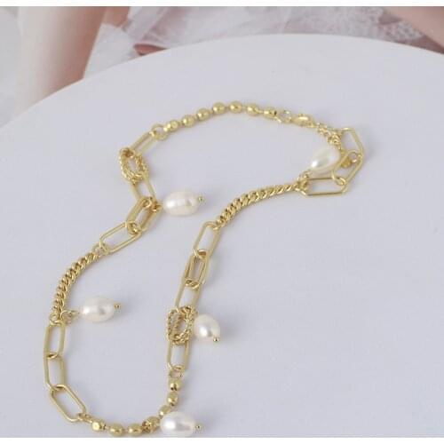 Women ball chain necklace chunky gold plated choker with freshwater pearl pendant