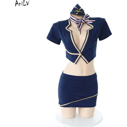 AniLV Women Sexy Flight Attendant Stewardess Uniform Temptation Lingerie Costume Scarf Underwear Pajamas Clothes