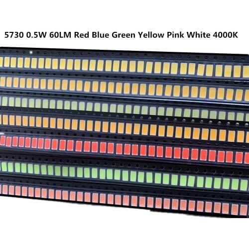 110PCS SMD LED 5730 Chip 0.5W 3V 150MA Beads Light Red Blue Green Yellow Cold 4000K Pink Surface Mount PCB Emitting Diode Lamp