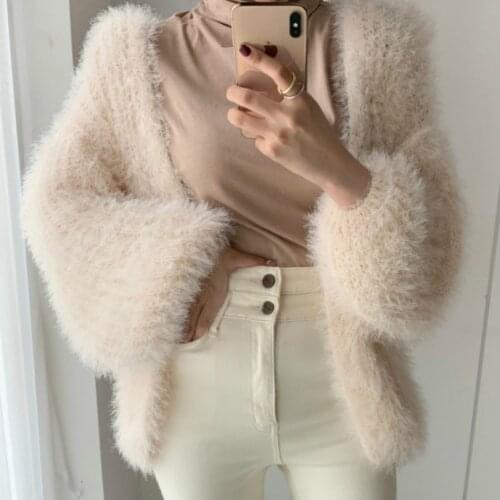 2020 Autumn Winter Mink Cashmere Knit Cardigan Lantern Sleeve Sweater Coat Faux Fur Plush Jacket Velvet Crop Tops Mujer Sueter