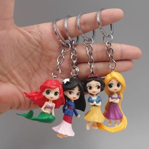 4 pcs/set Disney Keychains Action Figure Gift Model Princess Snow White Rapunzel Ariele Car Key Ring Bag Pendant Child Birthday