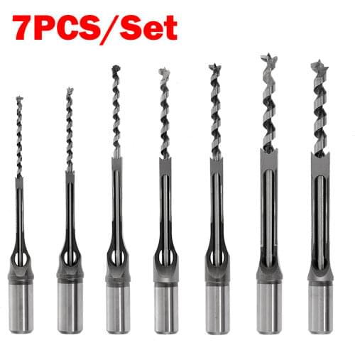 7PCS High Speed Steel Square Hole Mortise Drill Bit Hole Saw Mortise Chisel Bit Set Twist Drill Woodworking Drilling Hole Tool