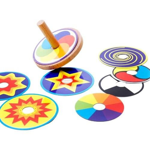 Kids Toy Wood Spinning Top Classic Toy Montessori Colorful 8 Drawing Card Sticker Early Educational Beech