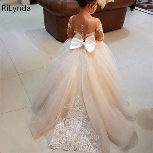 Kids Puffy Ivory Tulle Lace Ball Gown Flower Girl Dresses Puffy Satin Bow Girl Princess Dresses Long Kids Communion Dresses