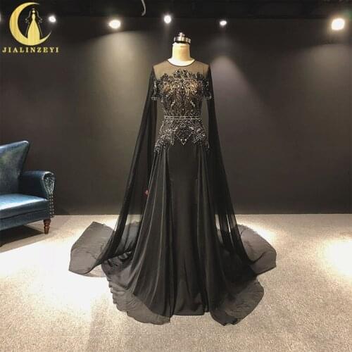 JIALINZEYI Zuhair Murad Long Sleeves Black Beads With Sliver Chiffon robe de soirée de mariage Fromal dress Evening Dresses