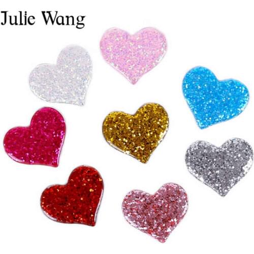 Julie Wang 8pcs Resin Heart Shape Flatback Cabochon Sequin Slime Charms Pendant Jewelry Making Accessory Phone Decor 36x31mm