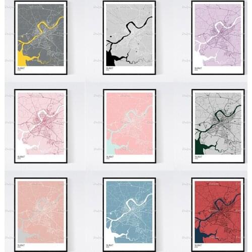 Surat, India Map Nordic Retro Minimalism Painting Posters and Prints on Canvas Wall Art Modular Pictures Home Decor Gift