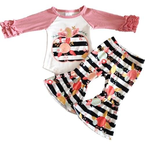 Thanksgiving kids long sleeve outfit girl icing ruffle design fall outfit baby girls pumpkin pattern and striped bell pants set