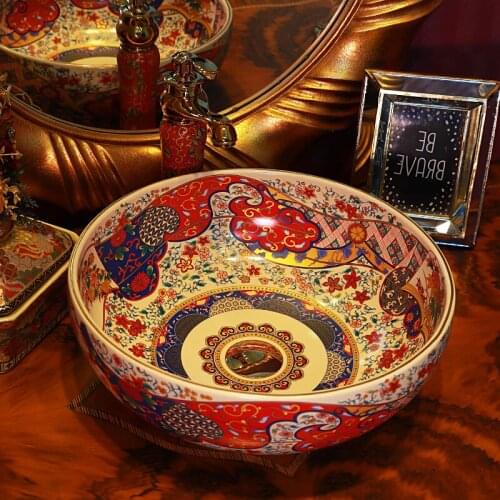 Round Europe Vintage Style Art wash basin bathroom sinks Countertop ceramics basin bathroom sinks